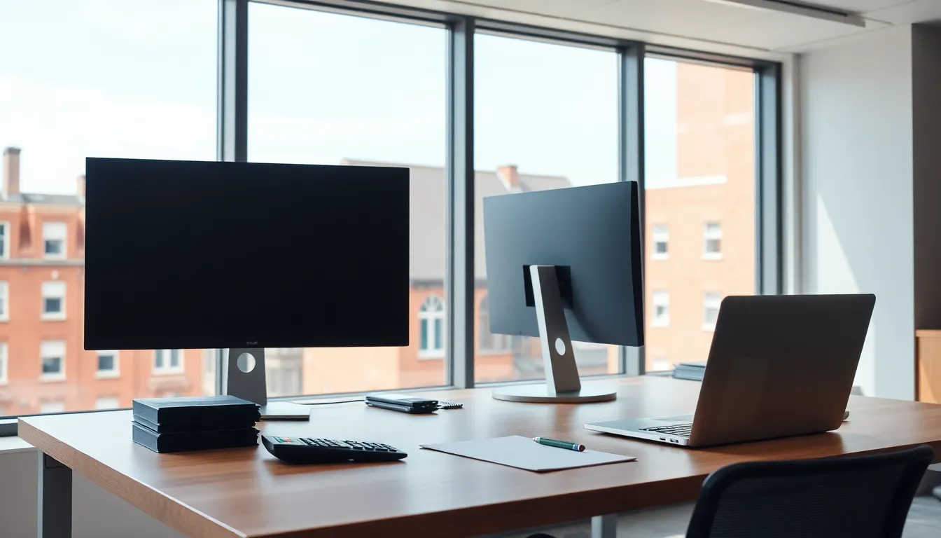 Tidy accountant's desk with two monitors turned away, a laptop and folders by a window over Manchester brick buildings, the setting of an American tax accountant UK practice
