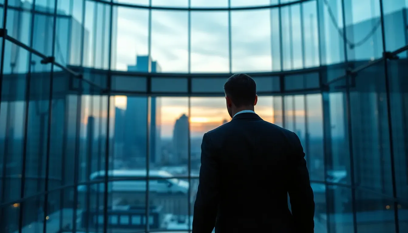 Man in a dark suit seen from behind in a glass-walled office atrium looking out at city towers at dusk, reflecting the carried interest tax UK US person fund managers face