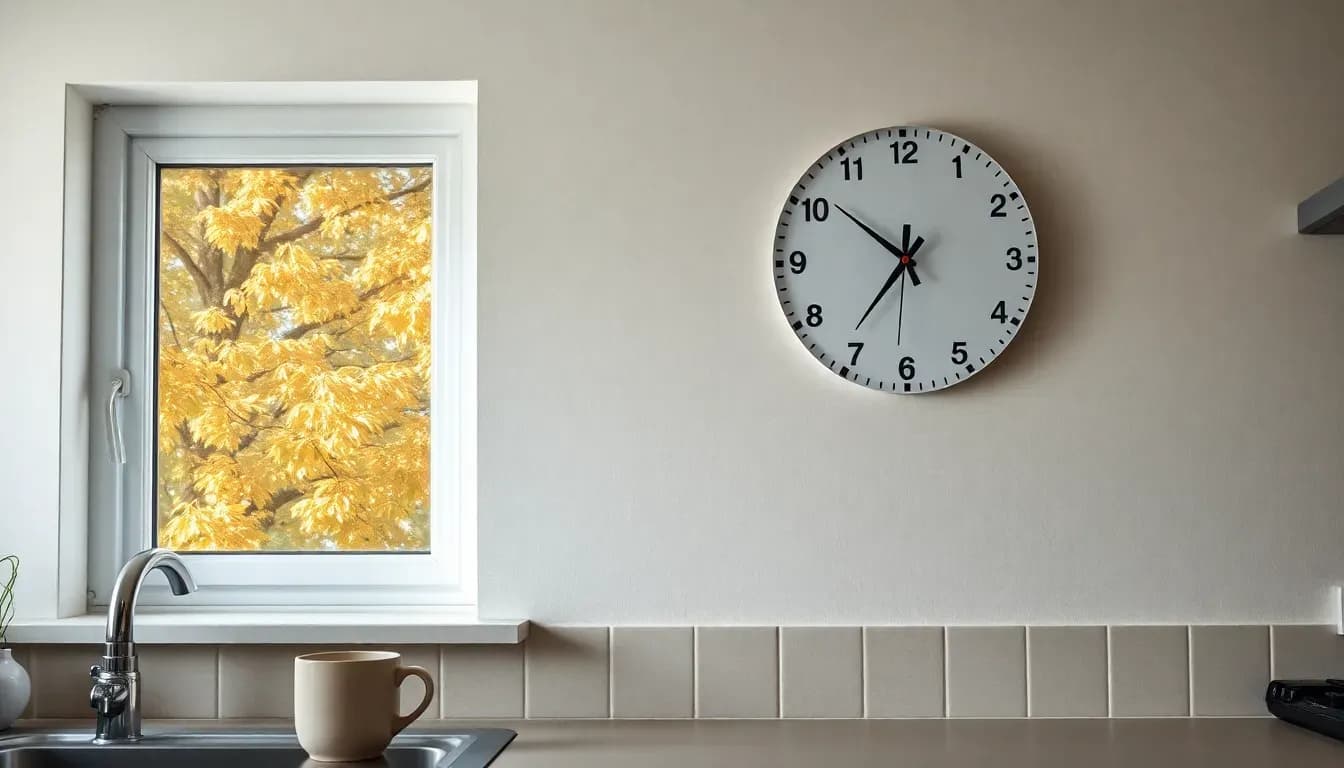 A plain white wall clock beside a kitchen window framing a tree in yellow October leaves, a reminder that the FBAR deadline falls in April with an automatic extension to mid-October