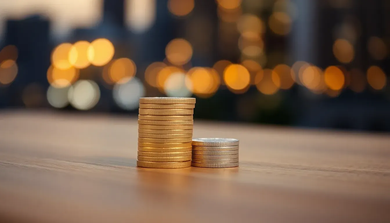 Two small stacks of plain gold and silver coins on a wooden table against blurred city lights at dusk, a reminder that the FBAR exchange rate turns pounds into dollars