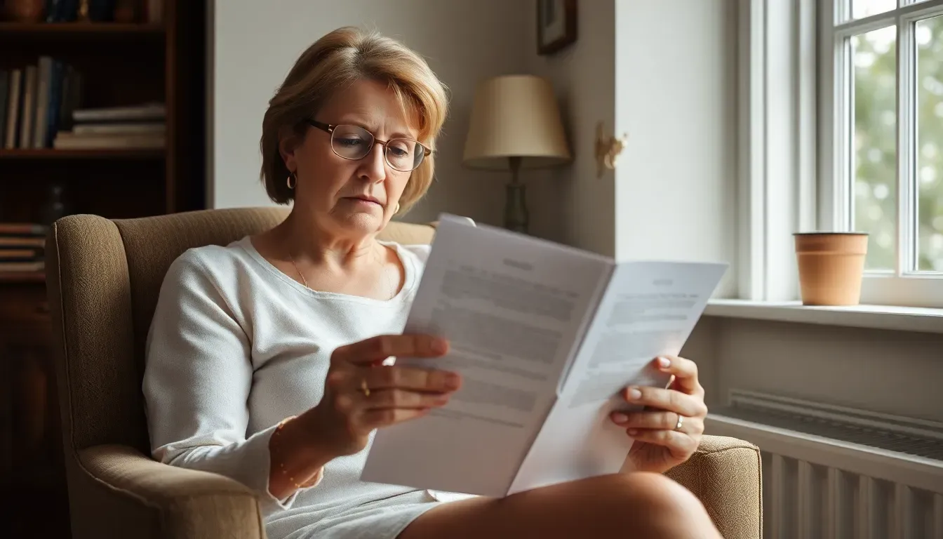 Woman in her fifties in an armchair by a cottage window reading a folded letter with a concerned expression, as many Americans in the UK first learn about FBAR penalties