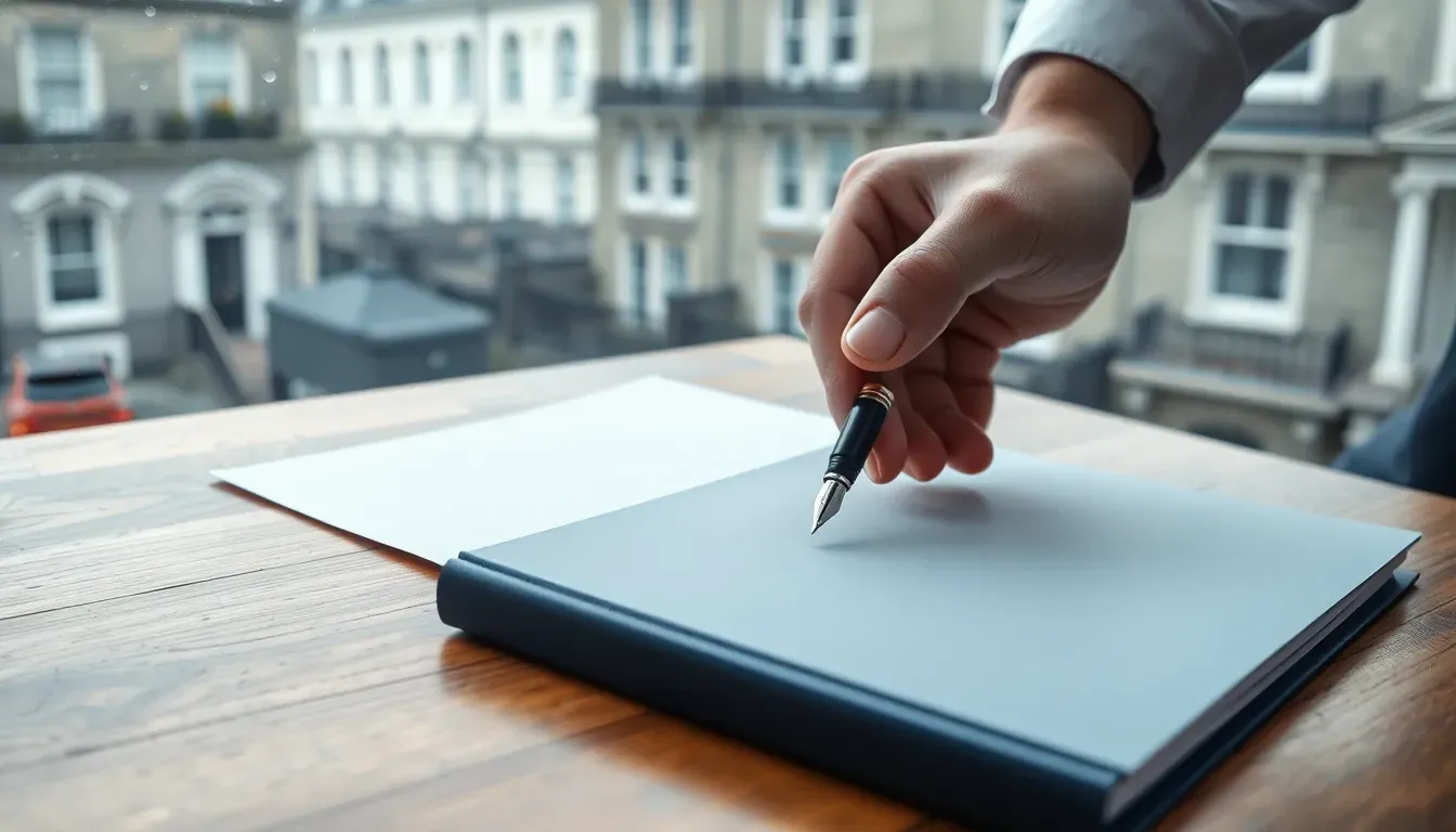 A hand holding a black fountain pen over a plain dark blue folder and a blank white sheet on a wooden desk, grey London Georgian terraces through the window, ready to sign a Form 8854 expatriation statement