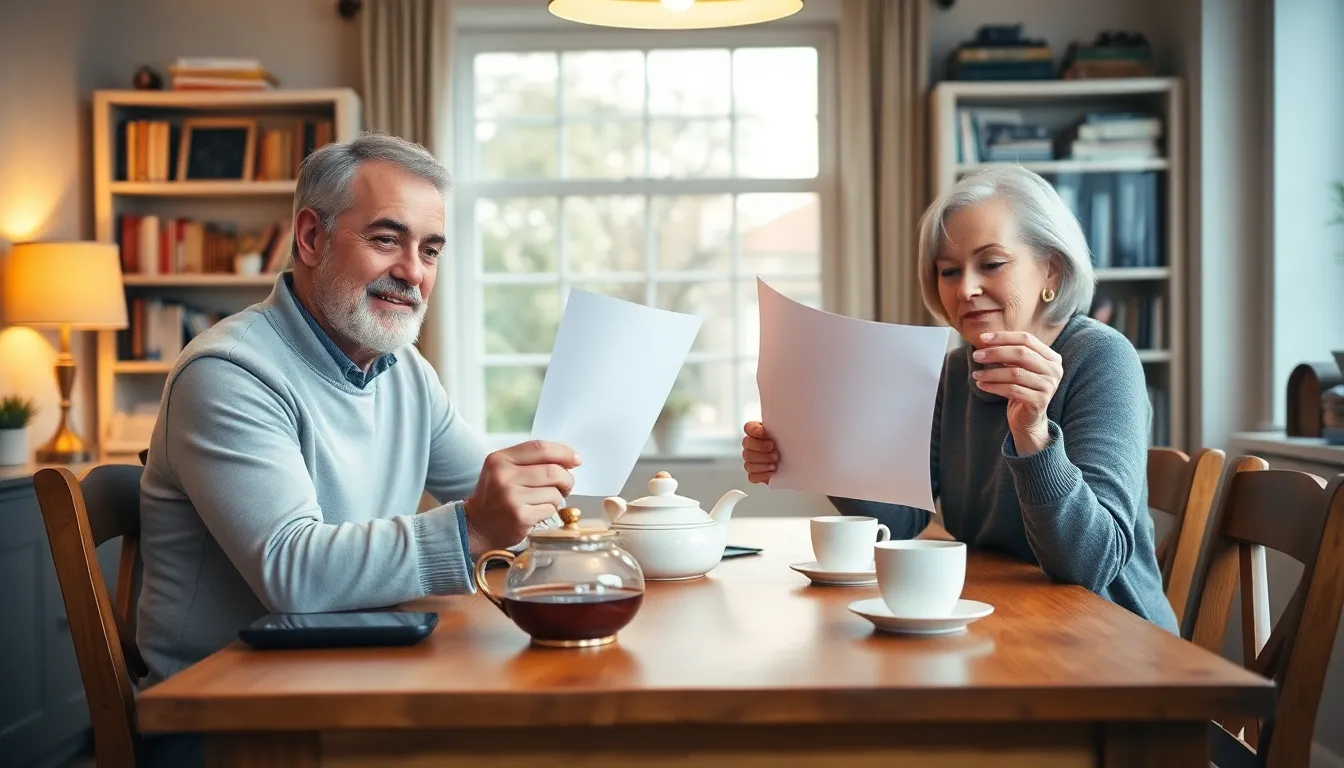 Husband and wife reading papers at a dining table with a teapot in a lamp-lit London flat, checking their accounts for Form 8938 for Americans abroad