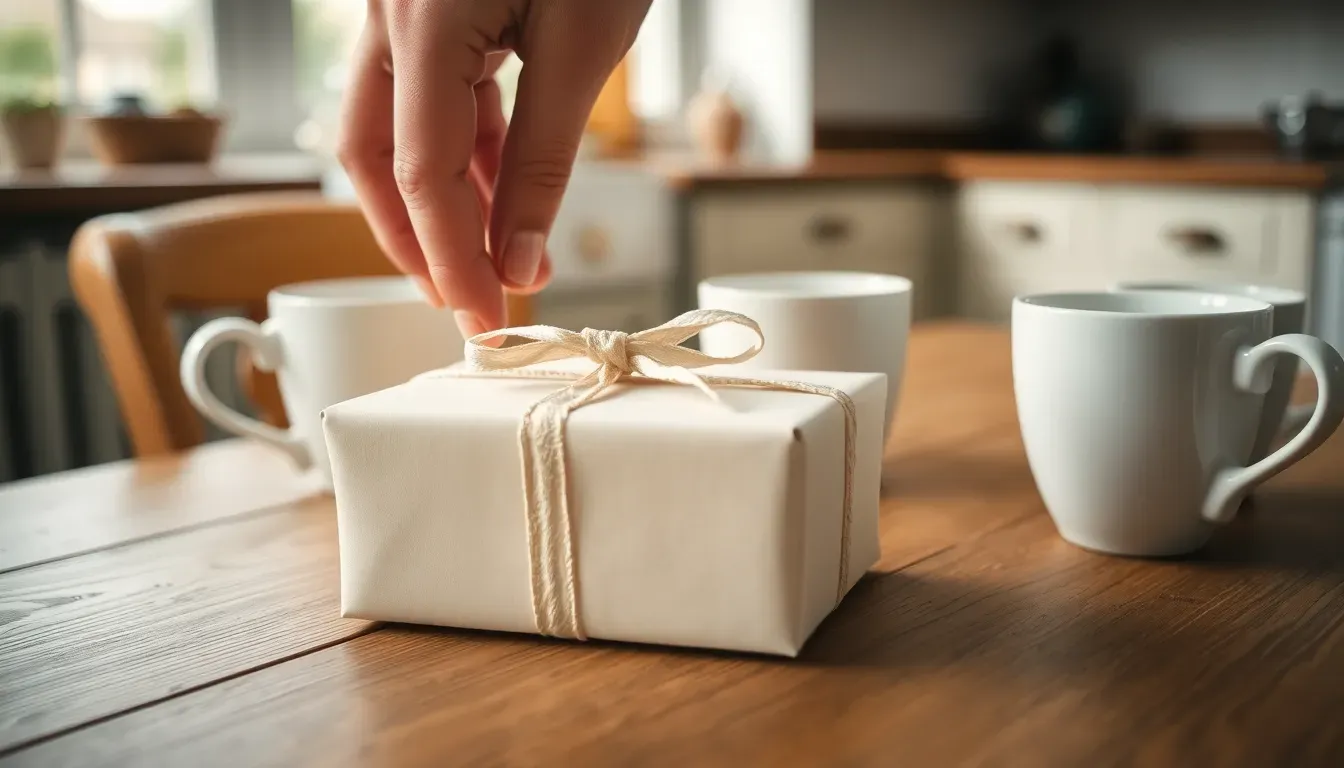 A hand setting down a small present wrapped in cream paper and ribbon among white mugs on a wooden kitchen table, a simple picture of a gift to a non-US spouse