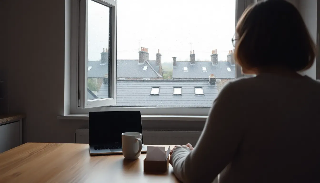 A woman at a kitchen table looking out at wet slate rooftops beside a mug and a small box of envelopes, weighing what to do if you haven't filed US taxes living in the UK