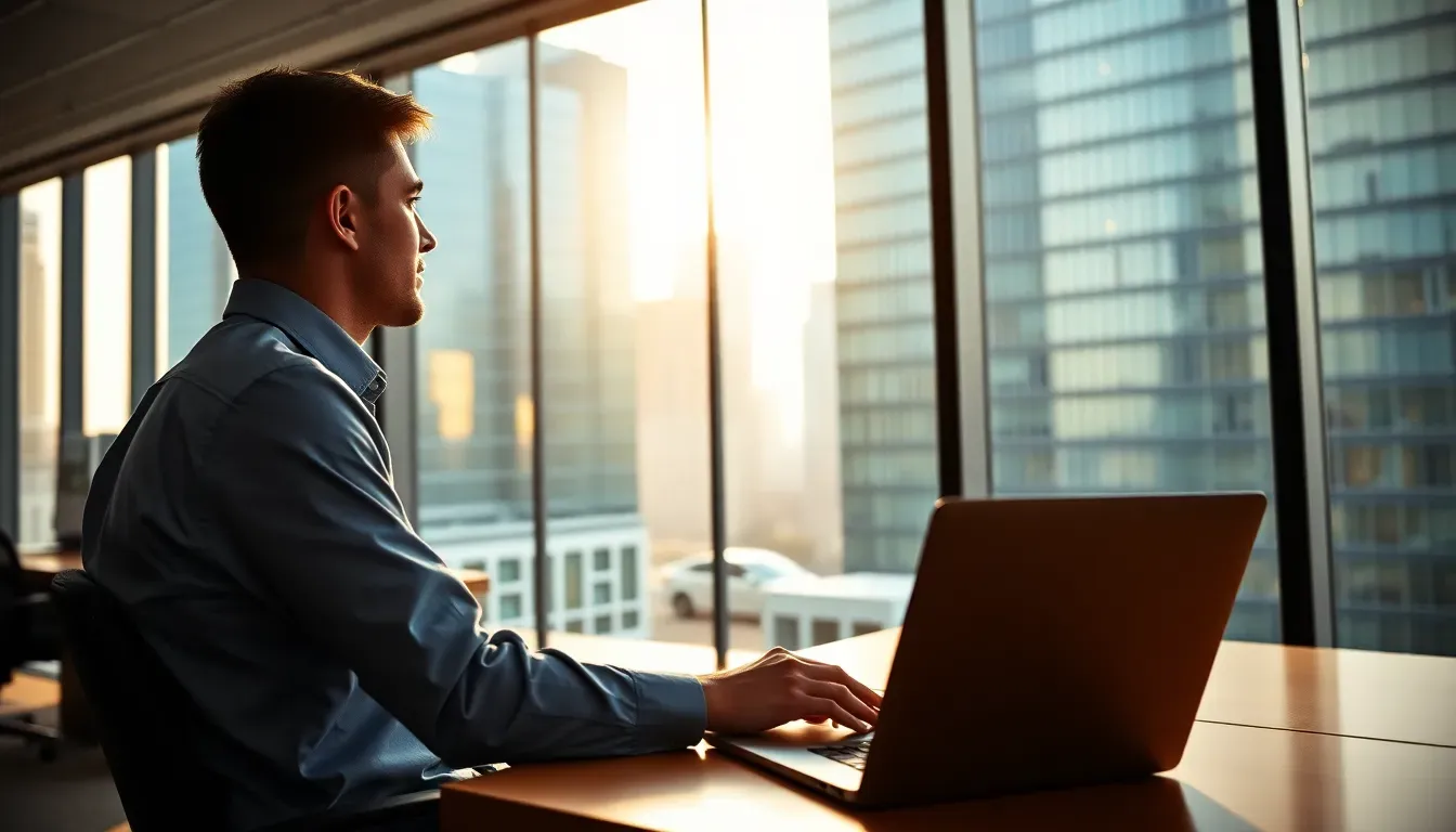 A young man in a dark shirt at a laptop beside a floor-to-ceiling window overlooking glass office towers in golden light, reviewing his RSU tax US and UK position after a vest