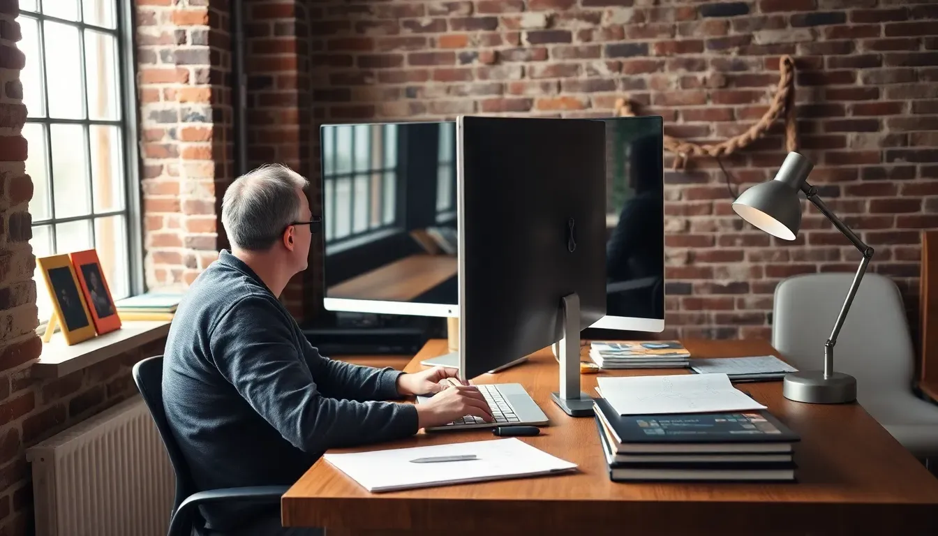 Man working at a large monitor in a converted brick loft studio with sketchbooks and a desk lamp, a self-employed American in UK at his desk