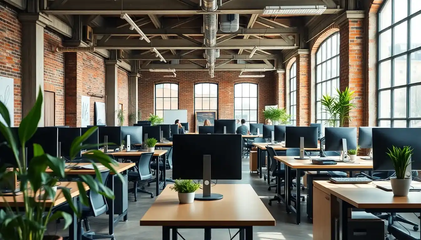 Open-plan office in a converted brick warehouse with arched windows, rows of desks, monitors and plants and a few people working, the kind of start-up where stock options US and UK tax questions arise