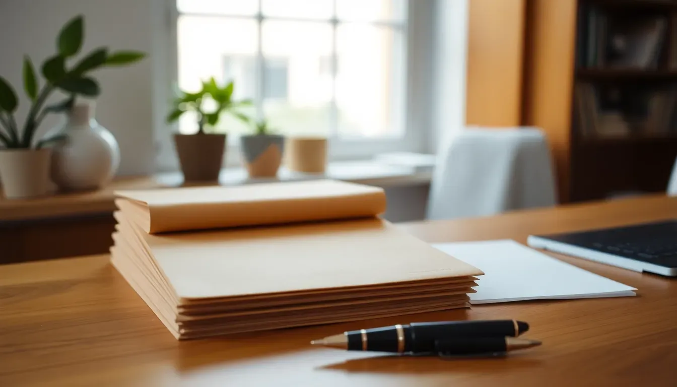 A neat stack of plain manila folders and a black fountain pen on an oak desk in a bright London flat, the paperwork for streamlined filing compliance procedures ready to send