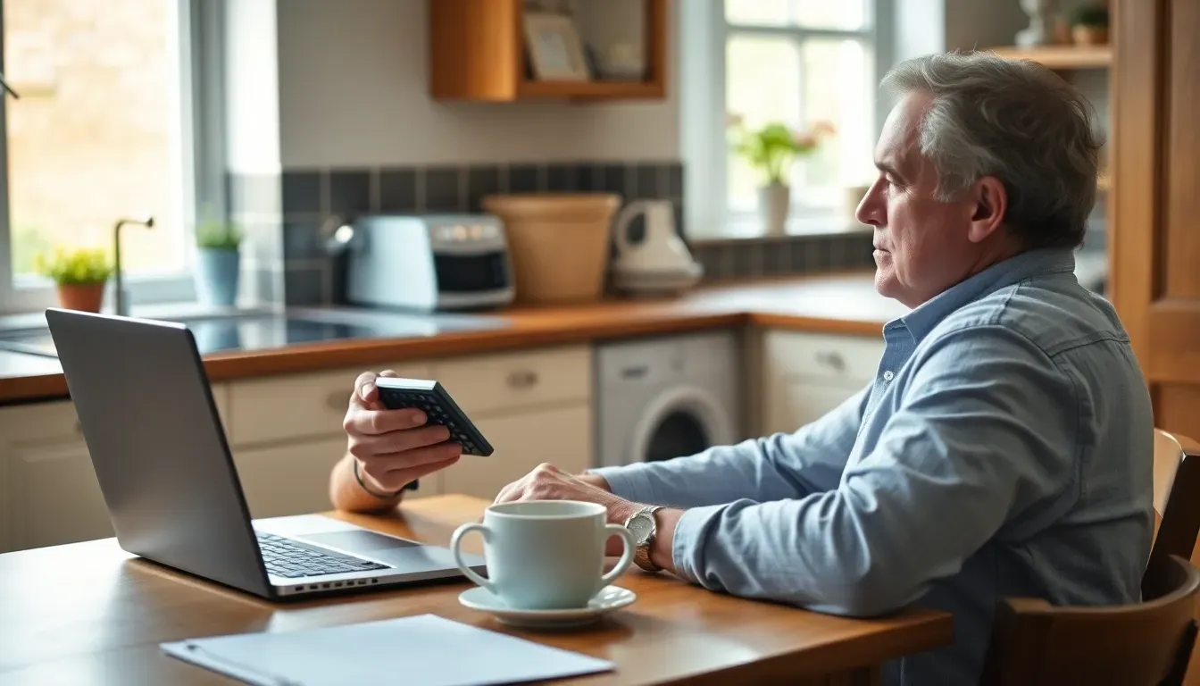 Grey-haired man at a kitchen table in a British home with a small handheld device, an open laptop and a cup of tea, working out his streamlined filing cost
