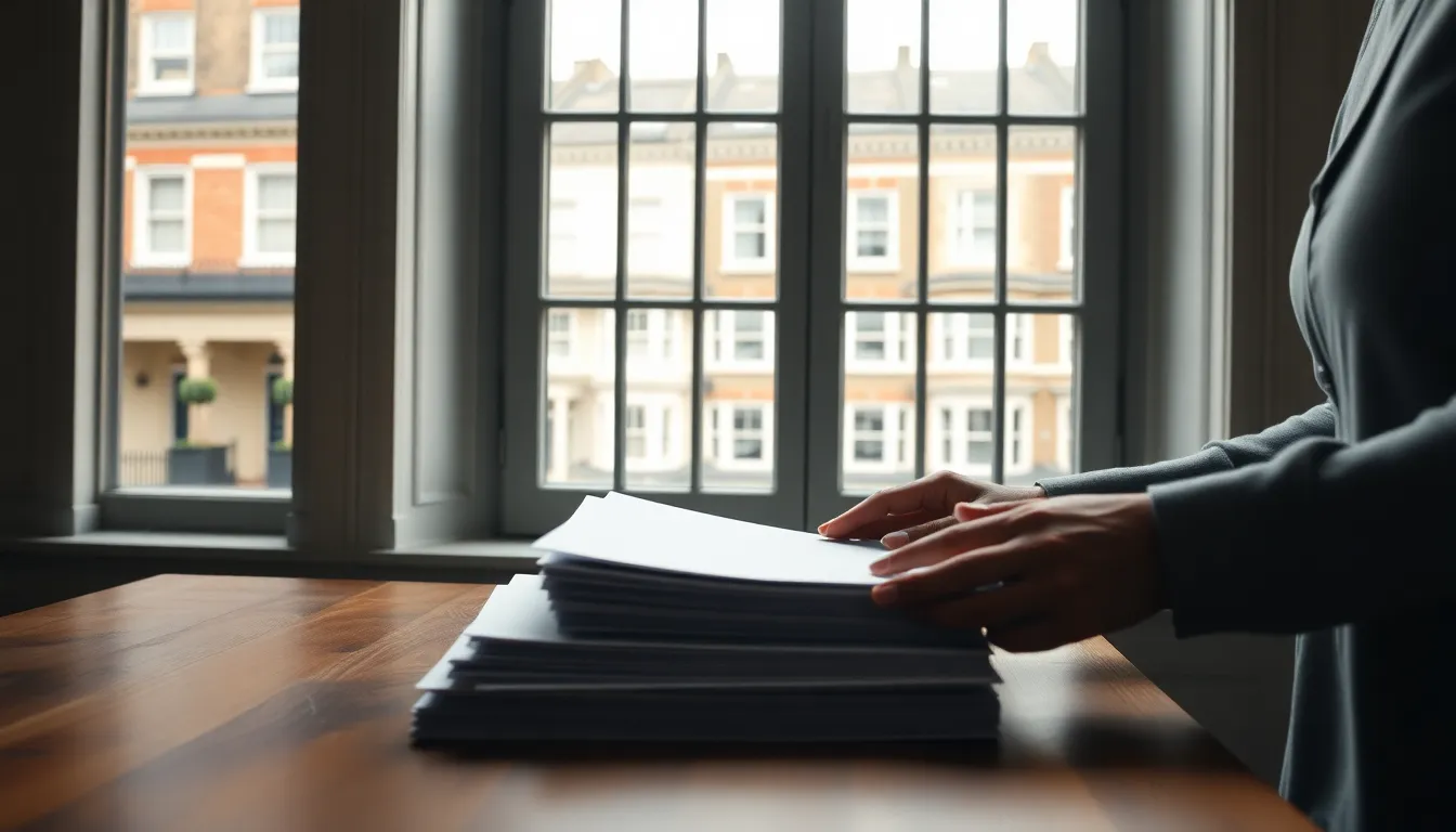 Hands sorting a stack of plain papers on a wooden desk beside a tall window onto London terraced houses, gathering records for the Streamlined Foreign Offshore Procedures