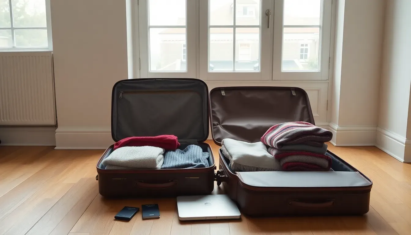 Two open suitcases half packed with folded jumpers on the floor of a bright London flat, a reminder that moving countries can change the Streamlined Foreign vs Domestic Offshore route you use