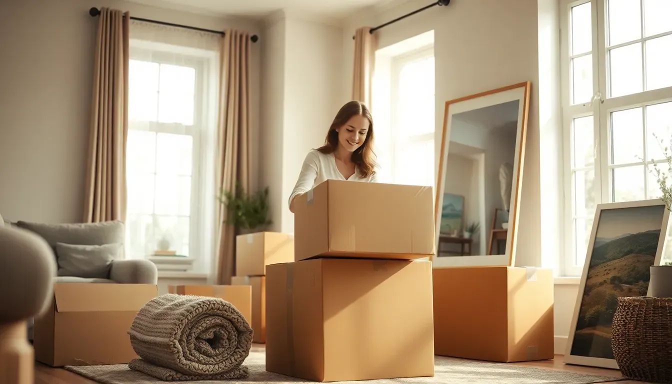 A smiling woman unpacking cardboard moving boxes in a bright living room with tall windows, a rolled-up rug and a countryside print against the wall, starting the streamlined procedures after moving back to the US