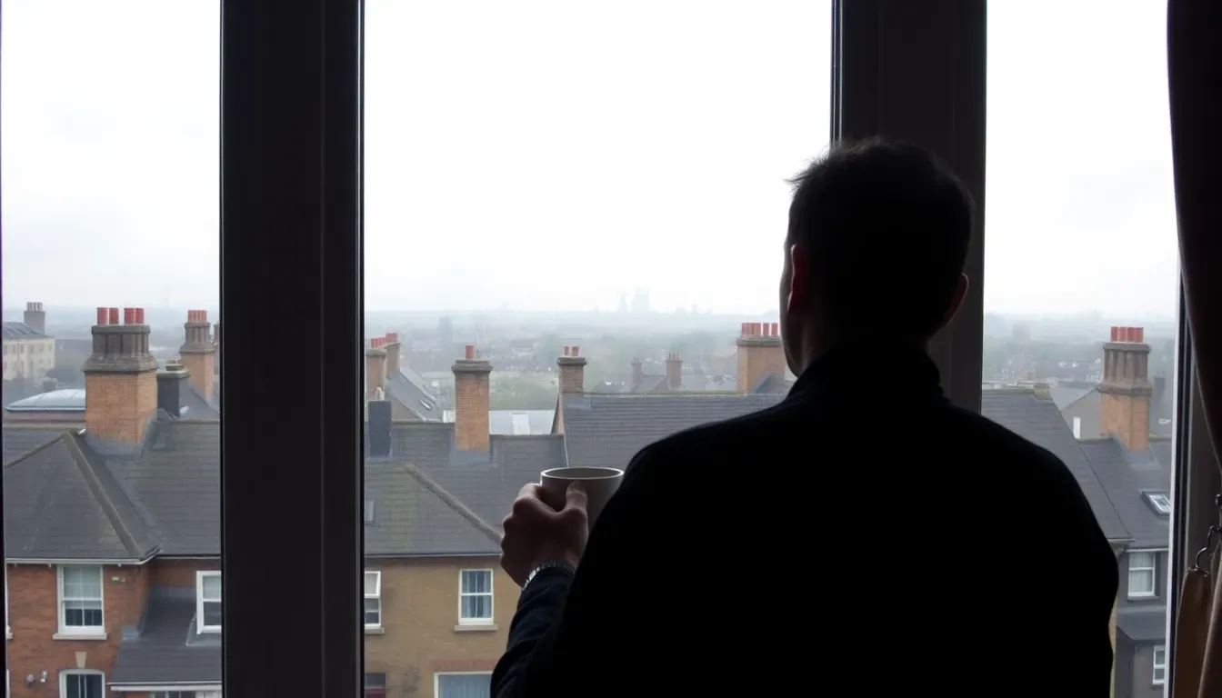 A person seen from behind holding a mug at a tall window overlooking London rooftops and chimney pots on a grey morning, thinking about taxes after renouncing US citizenship