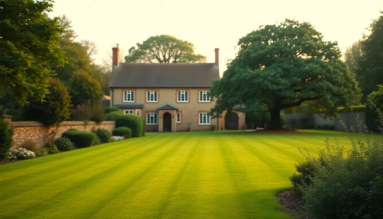A long striped lawn, an old oak tree and a stone wall leading to a Georgian brick house in golden evening light, the kind of English home where UK inheritance tax for Americans becomes a real question