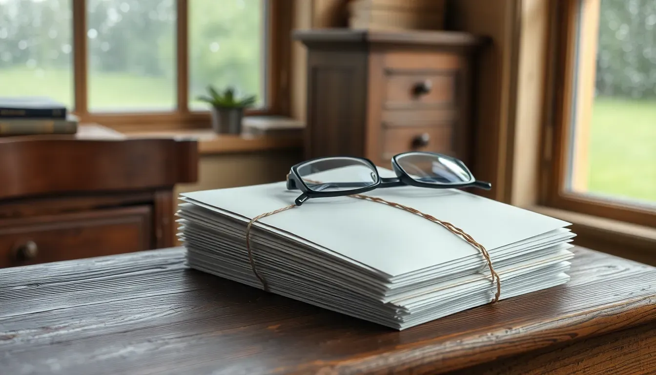Bundle of plain unopened envelopes tied with string under a pair of reading glasses on an old wooden desk by a window, a reminder of unfiled years and back taxes for Americans in the UK