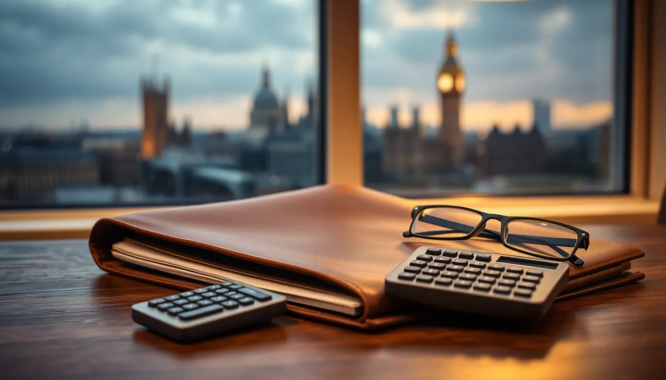 A brown leather folder, two calculators and reading glasses on an oak table before a window onto the London skyline at dusk, the paperwork behind a US exit tax calculation
