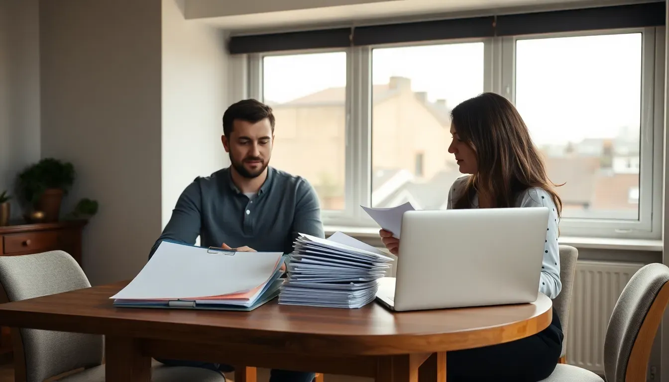 Couple at a round wooden table in a London flat sorting papers into folders beside a laptop, preparing records for US expat tax services UK families use