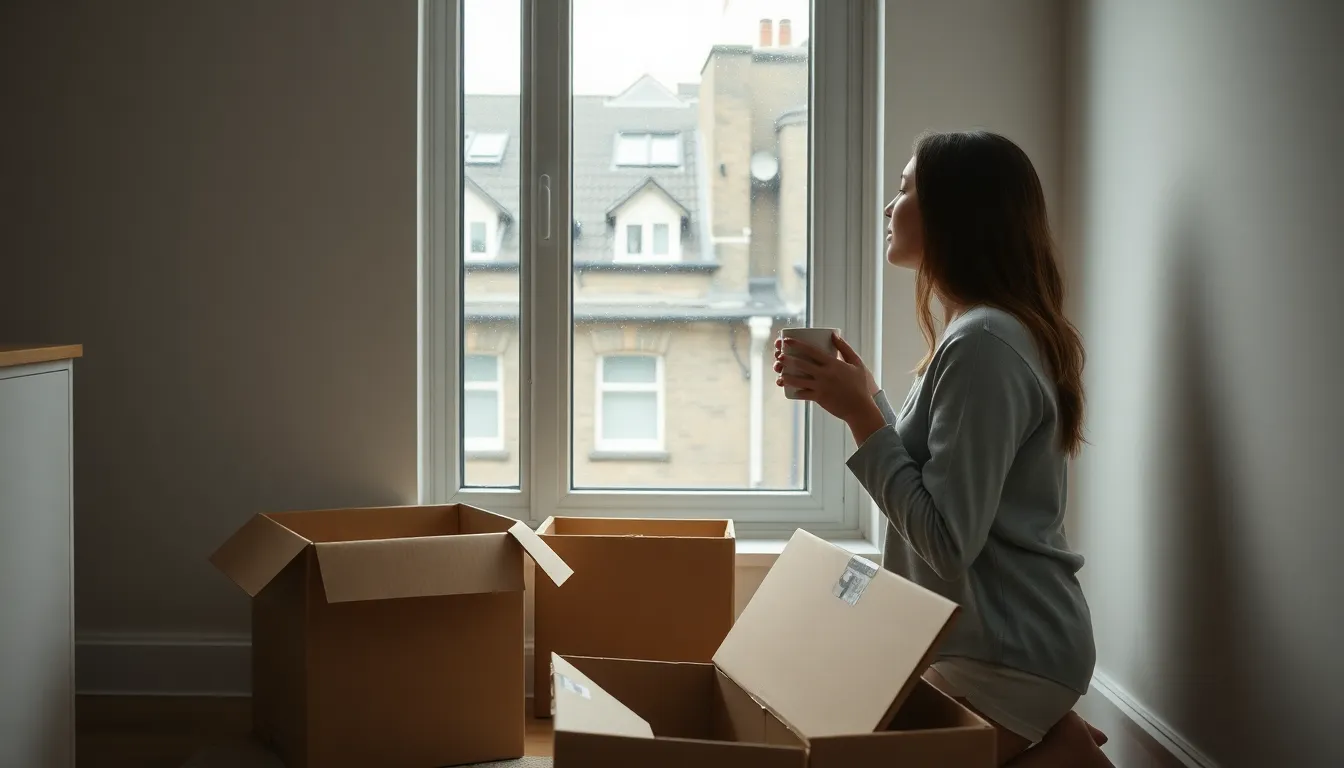Young woman with a mug of tea kneeling beside open moving boxes and looking out at rooftops from a newly rented London flat, settling in and facing US expat taxes UK arrivals must handle