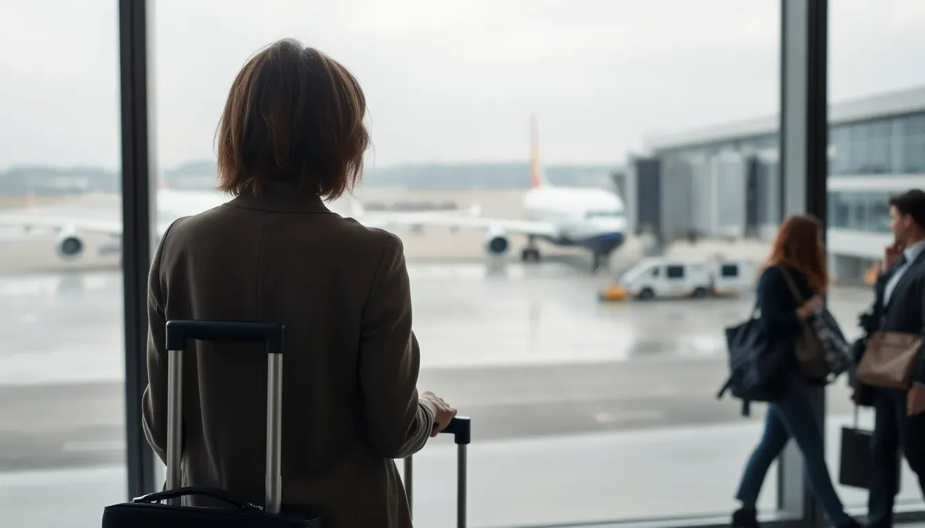 Woman with a wheeled suitcase standing at an airport window looking at a parked plane, a traveller abroad facing US passport revoked tax debt rules