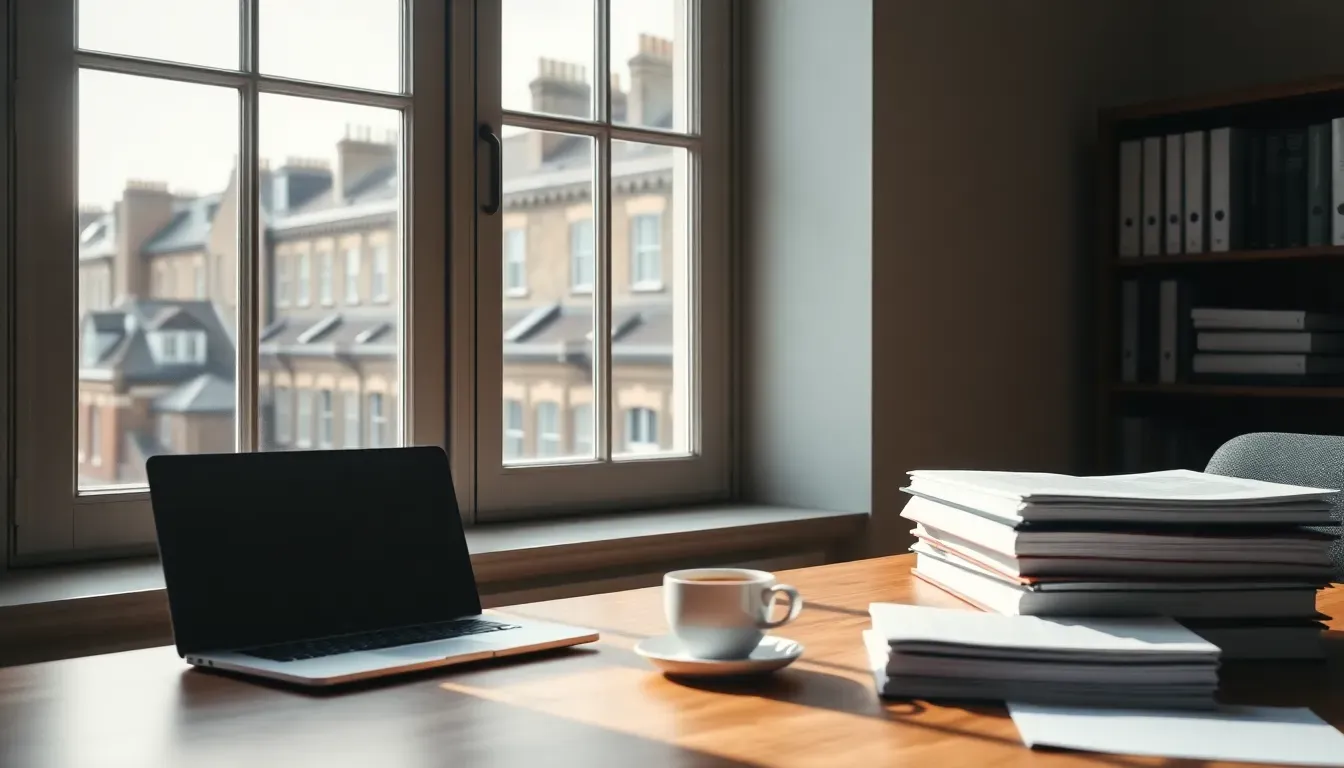 A wooden desk with a closed laptop, a cup of tea and folders by a sash window over London rooftops, where a US tax accountant London clients rely on prepares returns