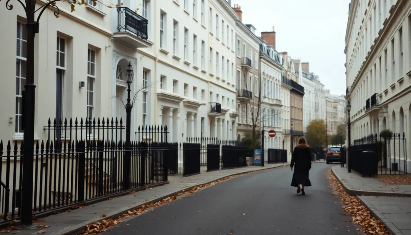 Quiet Georgian street of cream stucco townhouses with black iron railings and autumn leaves, a person in a long coat walking away, home to many who need a US tax advisor for Americans in London