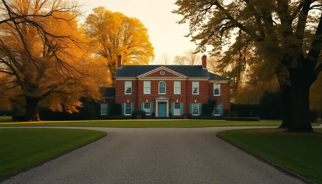 A red-brick Georgian country house across a lawn and gravel drive framed by golden autumn trees, the kind of family estate the US UK estate tax treaty decides how to tax