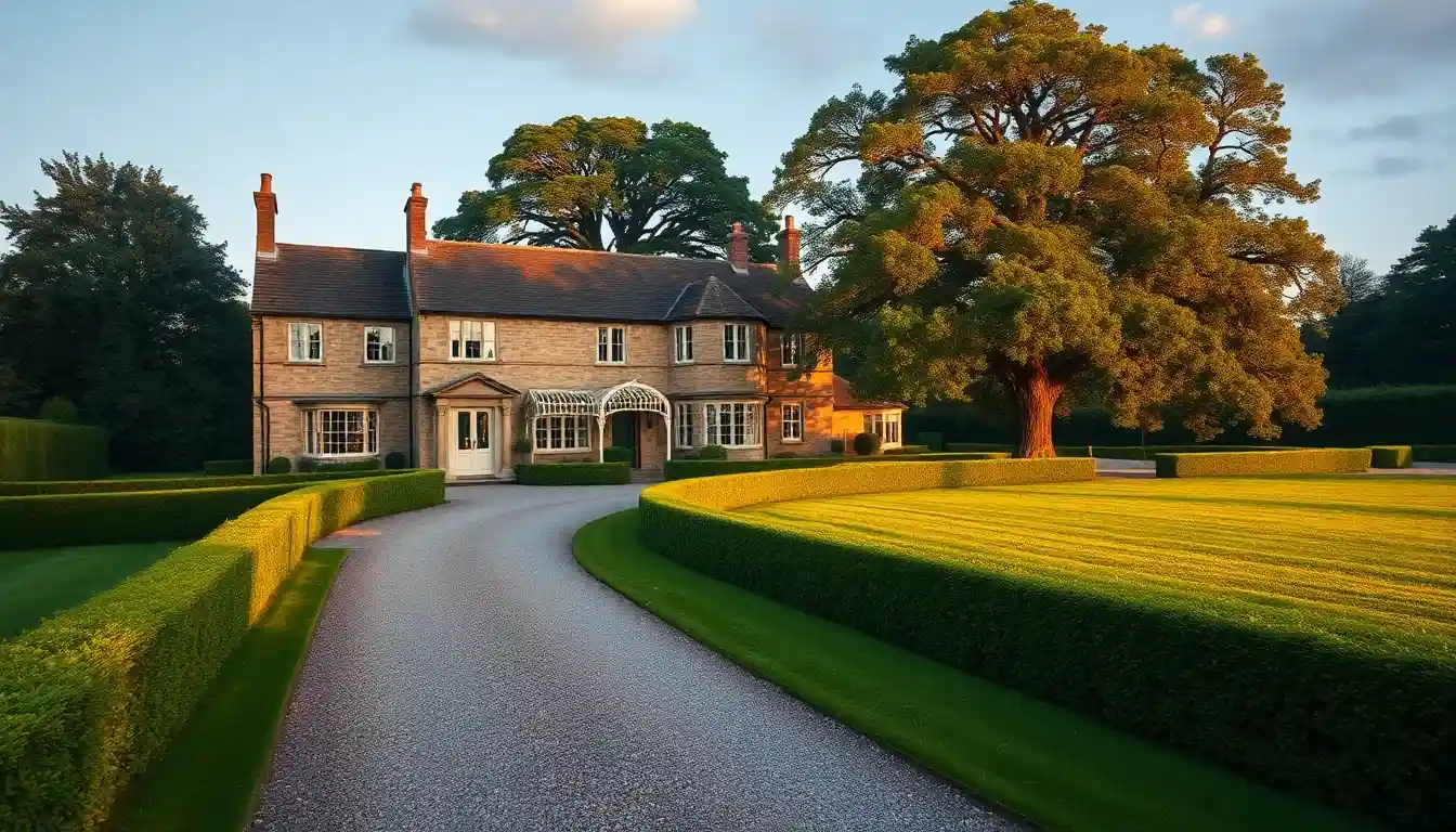 A stone English country house with a curving drive, clipped hedges and a large oak at golden hour, the kind of family property that US UK high net worth tax services report on