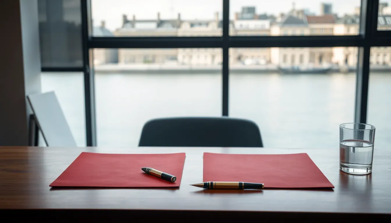 Two closed red document folders, two pens and a glass of water on a desk by a window over the Thames, the paired US and UK returns that US UK tax experts prepare together
