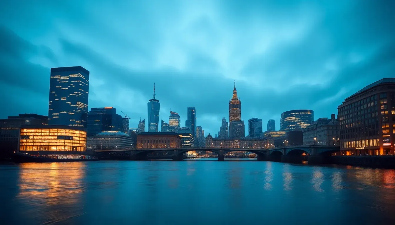 The City of London skyline at blue hour across the River Thames with lit office towers reflected in the water, home to the banks that report under the law explained in what is FATCA
