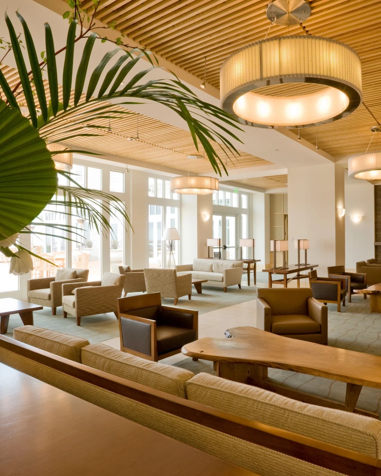 Hotel lobby lounge with seating and palms