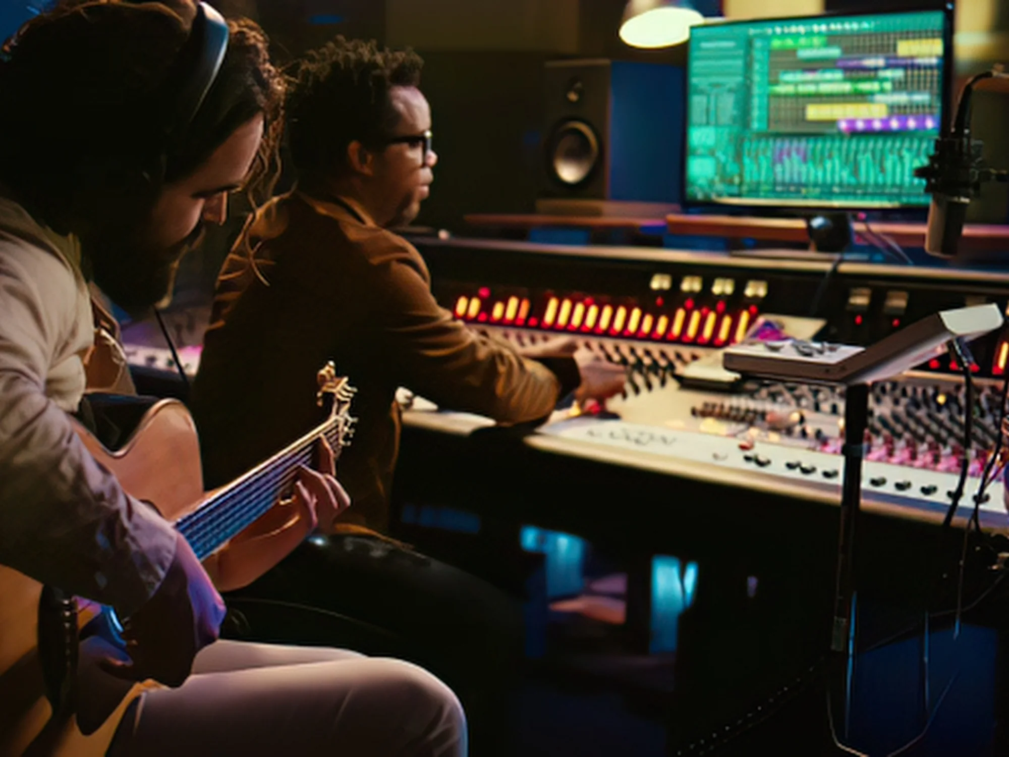 Musicians recording at a studio mixing console