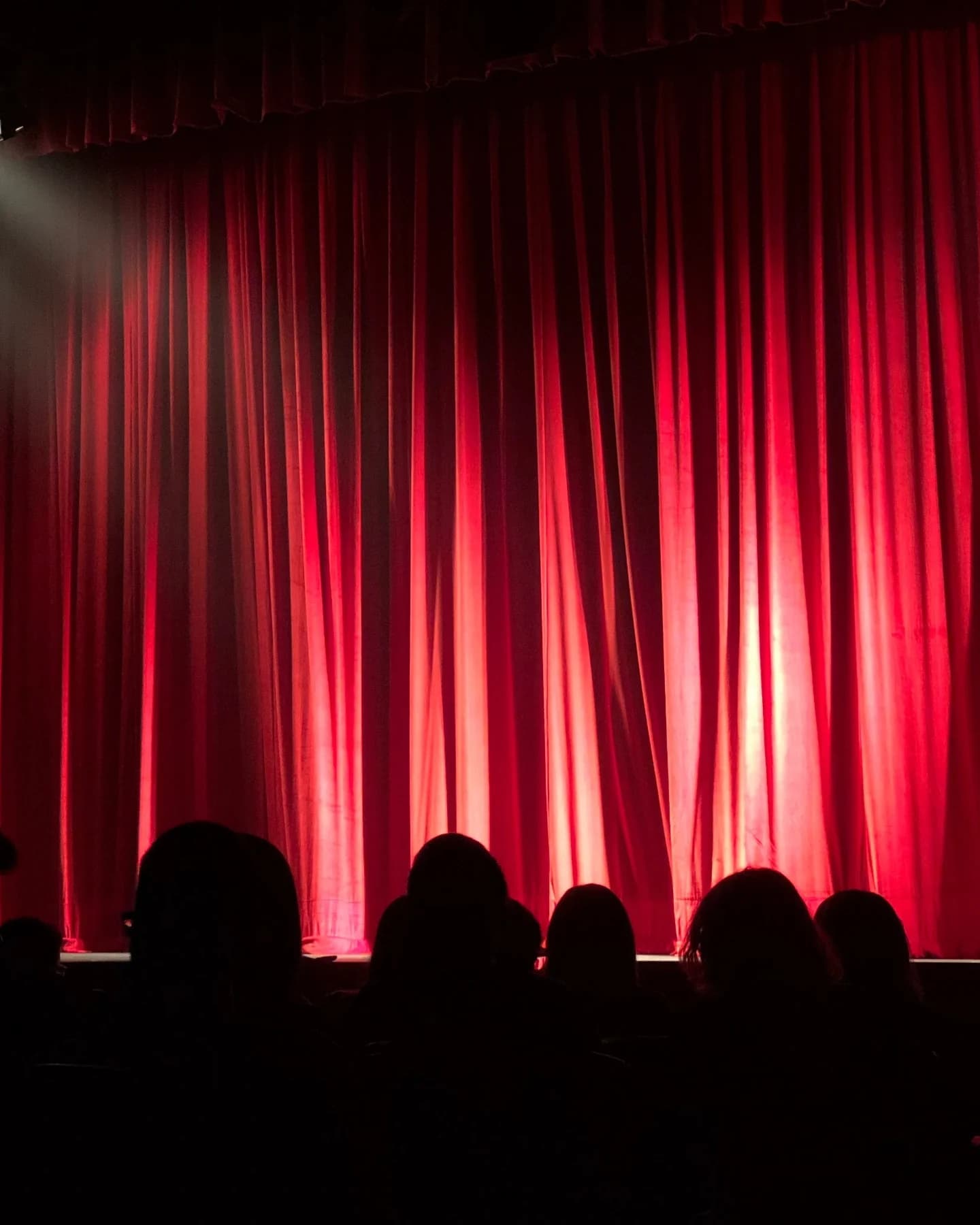 Audience waiting in front of a red stage curtain