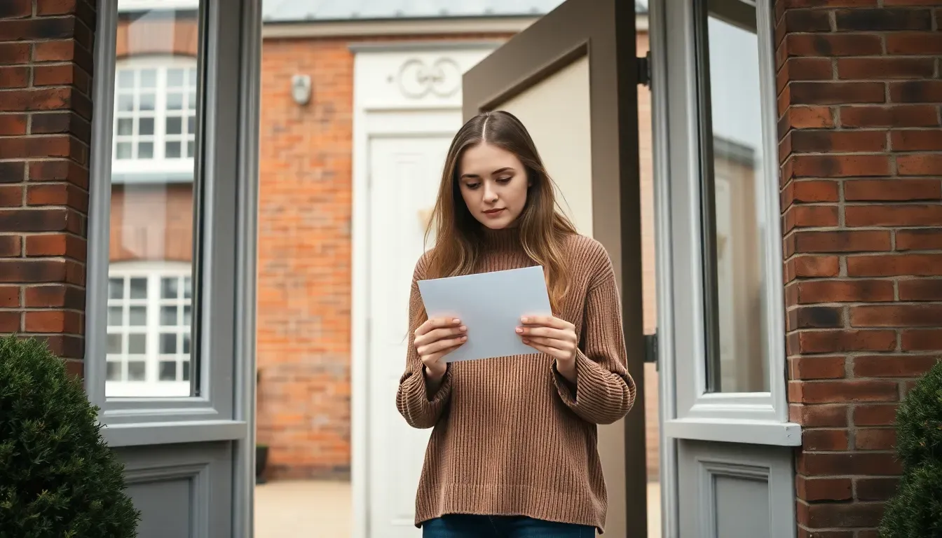 Young woman in a brown jumper standing at the open door of a red-brick English house, reading a plain sheet of paper, as an accidental American UK resident often first learns of US filing duties by post