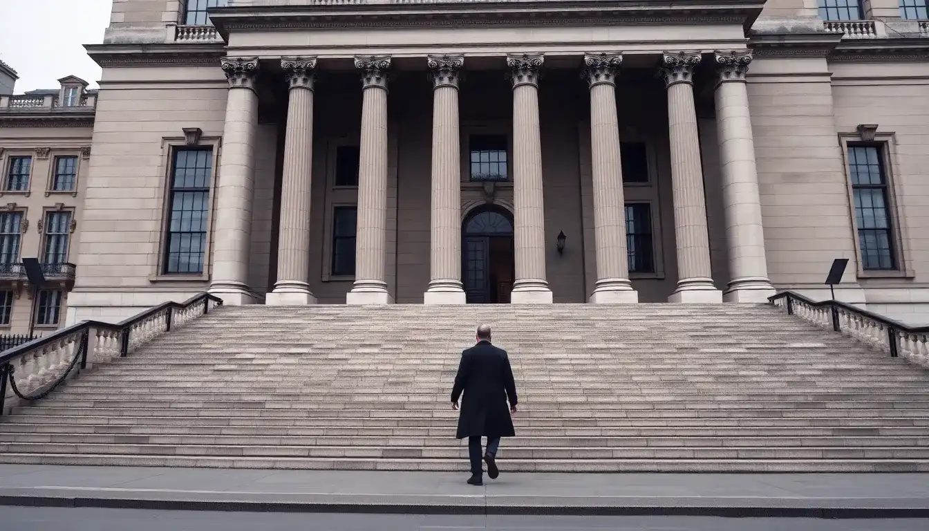 A lone person in a dark coat climbing the wide stone steps of a columned government building on a grey morning, the formal step that brings the cost to renounce US citizenship