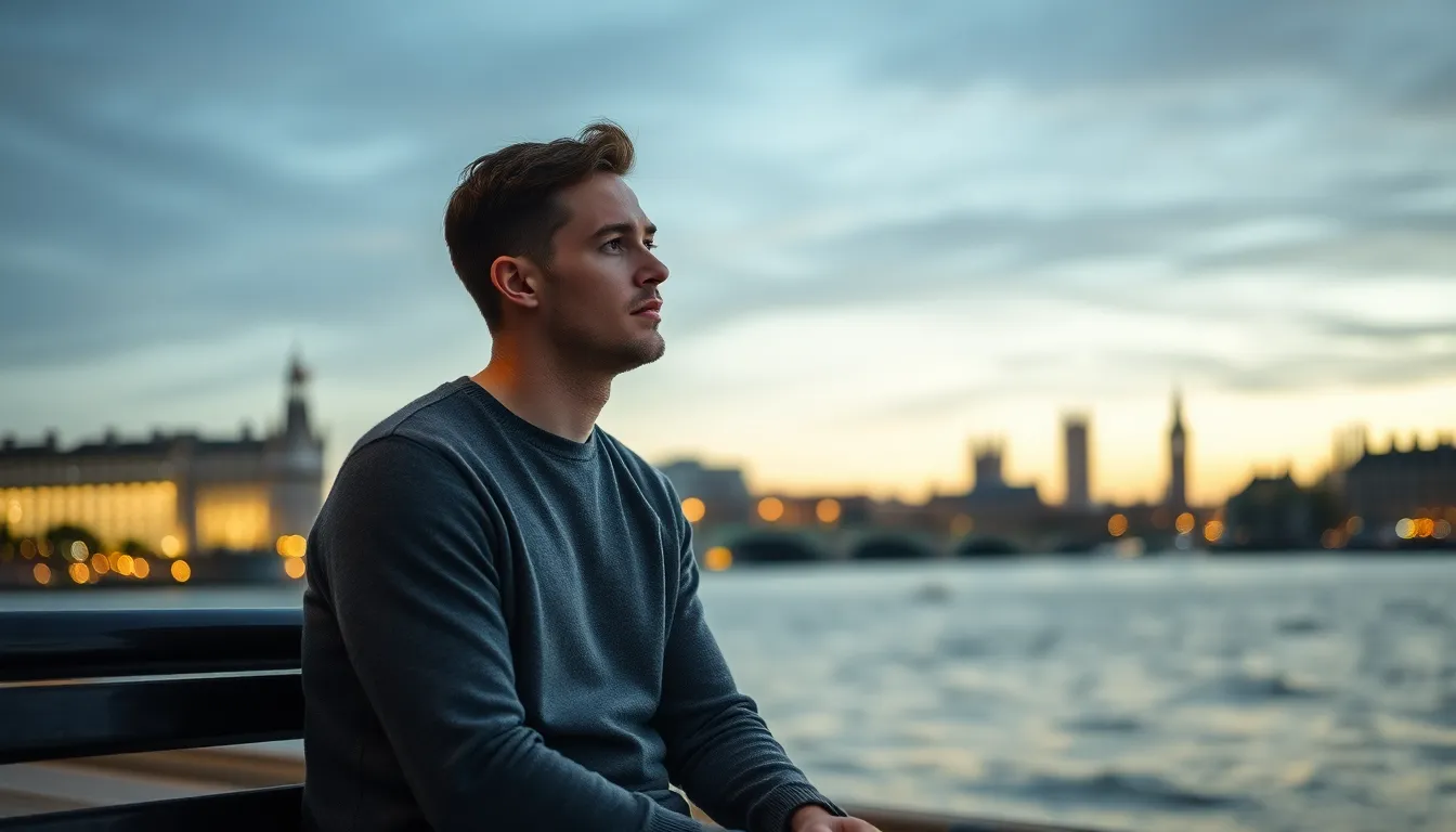Man in a grey jumper sitting on a bench by the River Thames at dusk, weighing whether a dual citizen renounce US citizenship step is right for him