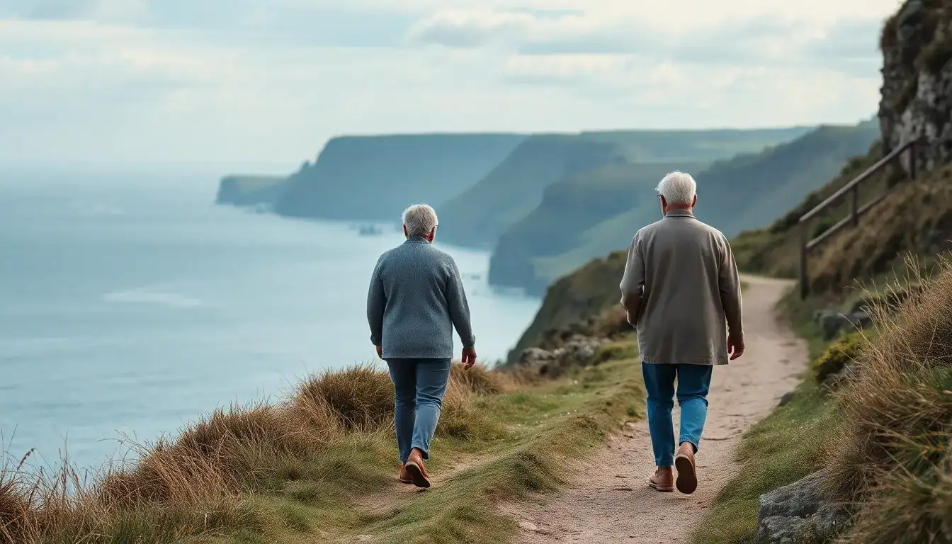 An older couple walk a coastal path above grey sea and green cliffs in England, retirement savings at the heart of the exit tax UK pension question
