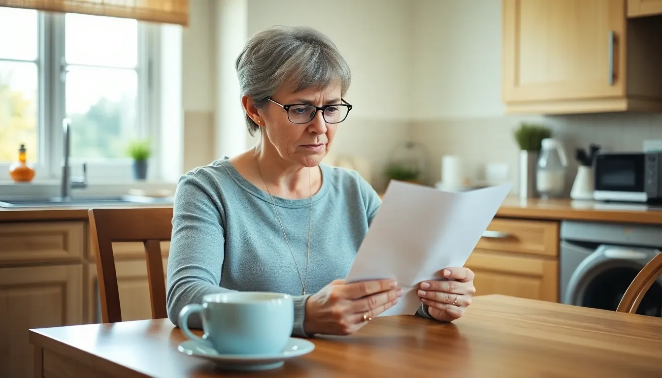 A woman at her kitchen table reading a FATCA letter from her UK bank about her US tax status
