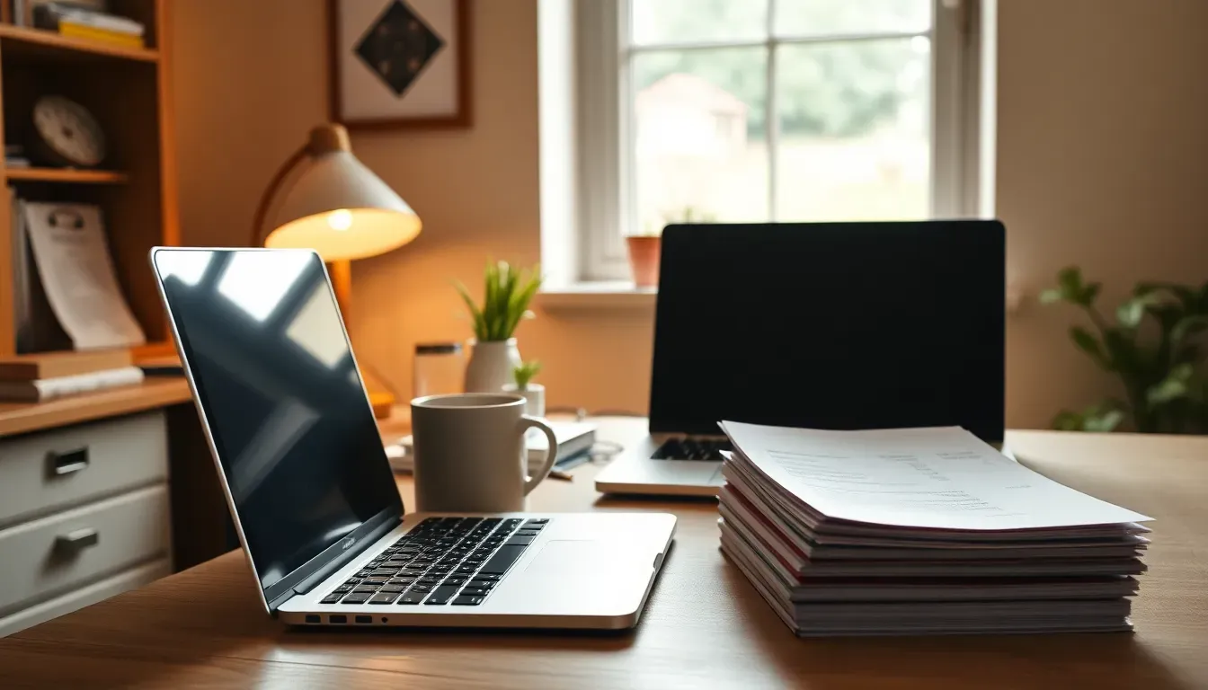 A tidy cottage home office with a laptop, a mug, a desk lamp and a short stack of statements, where an FBAR filing service UK clients use begins with the account list
