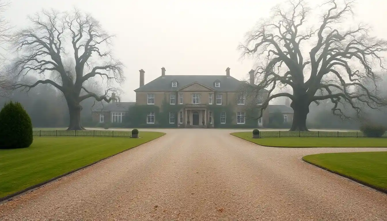A grand English country house at the end of a gravel drive between old oak trees on a misty morning, the kind of family estate that can bring Form 3520 UK trust reporting