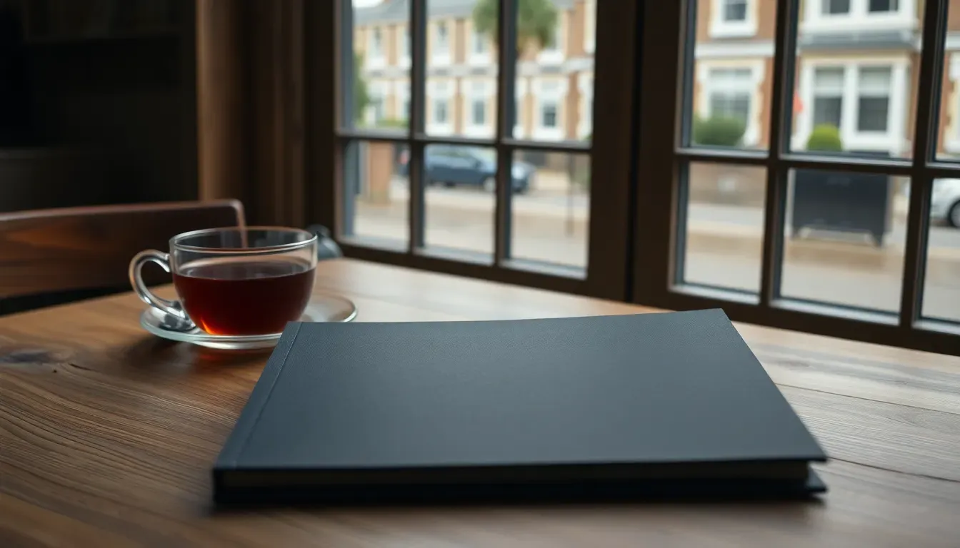 A plain dark navy booklet lying closed beside a cup of tea on a table by a sash window onto a London street, a quiet moment for someone deciding how to renounce US citizenship