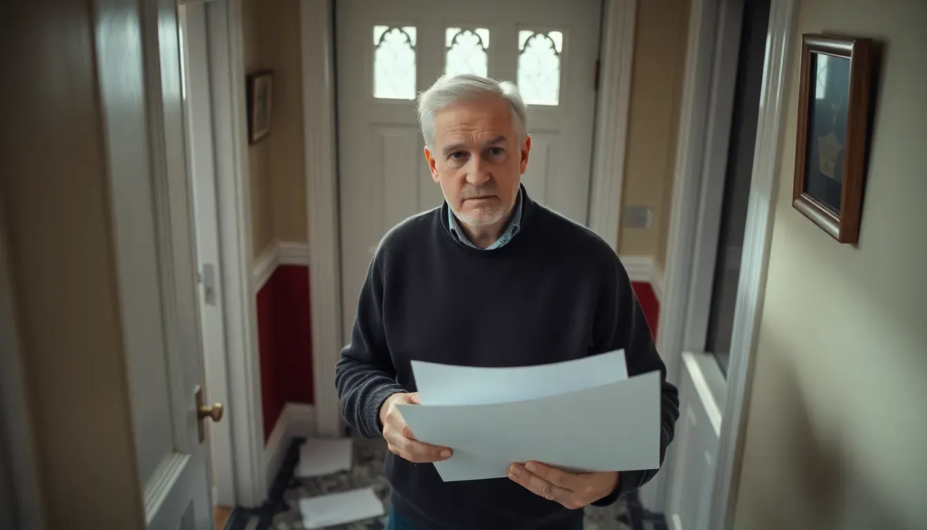 Grey-haired man in a dark jumper standing in a Victorian hallway holding opened papers, reading an IRS letter living in the UK