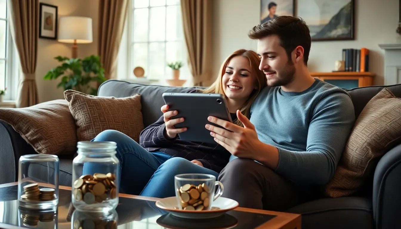Young couple on a sofa in a British living room looking at a tablet beside jars of coins and a cup, reviewing savings for ISA US tax reporting