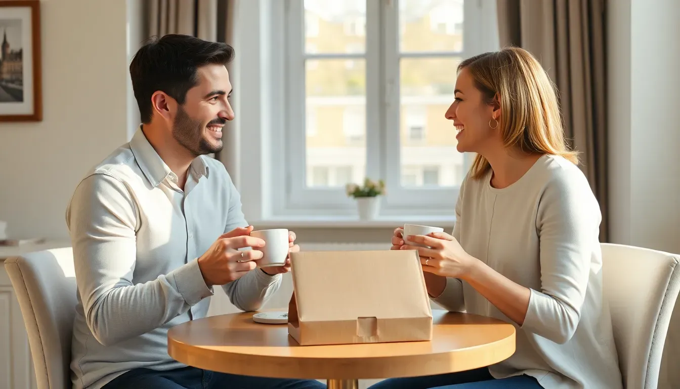 Smiling couple in their thirties at a round table by a bright London window, sharing tea beside a plain cardboard file, talking through a non-US spouse US tax return