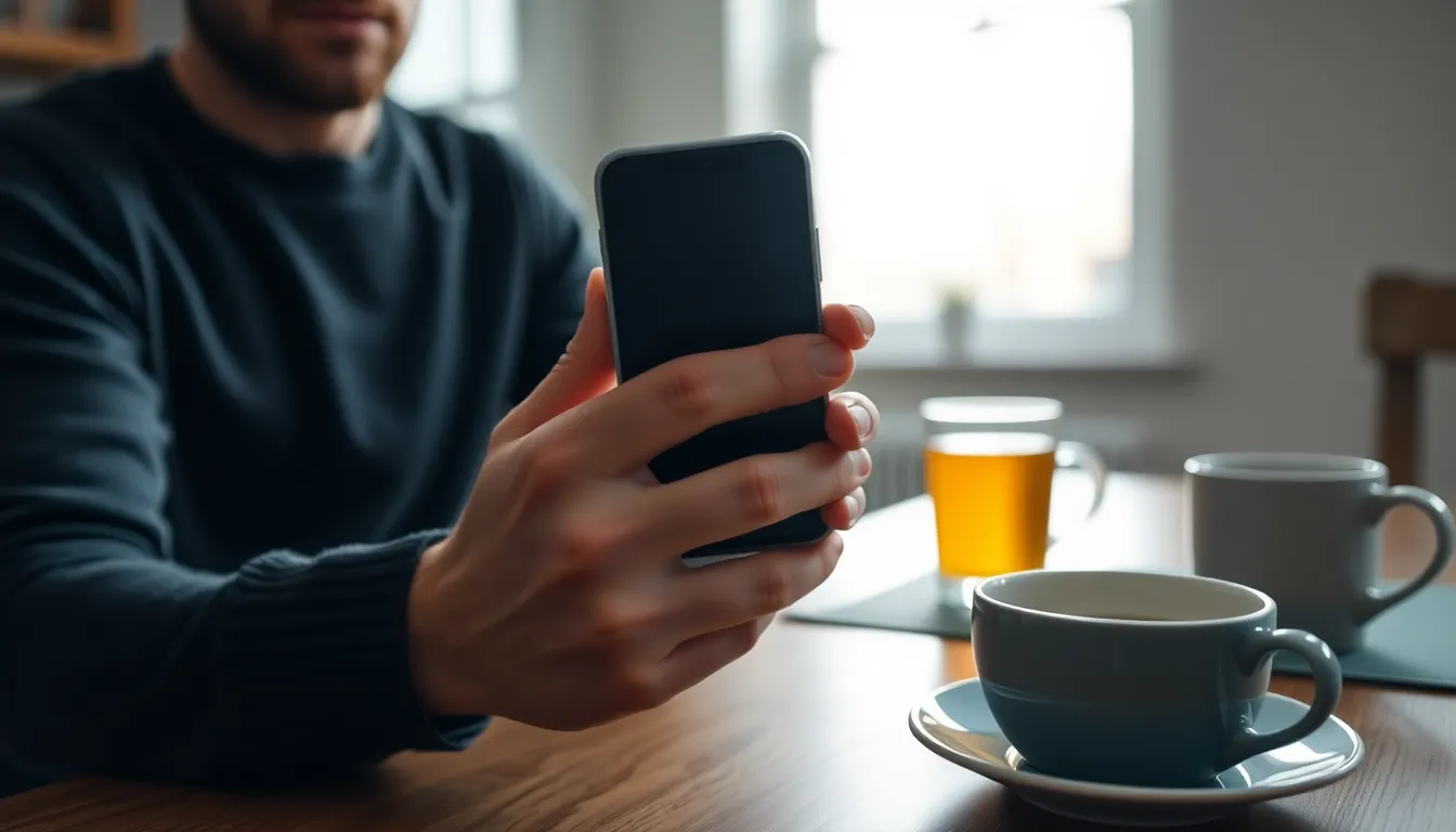 A man at a kitchen table in a London flat holding a smartphone with a blurred screen beside cups of tea, checking an ISA that may hold PFIC UK funds