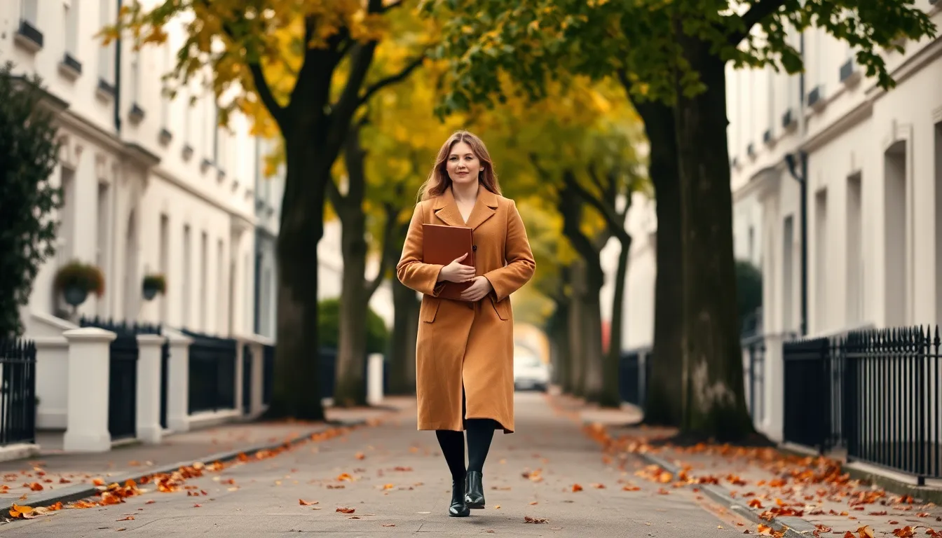 Woman in a camel coat carrying a brown folder along a tree-lined London street of white townhouses, illustrating the steps people take to renounce US citizenship UK side