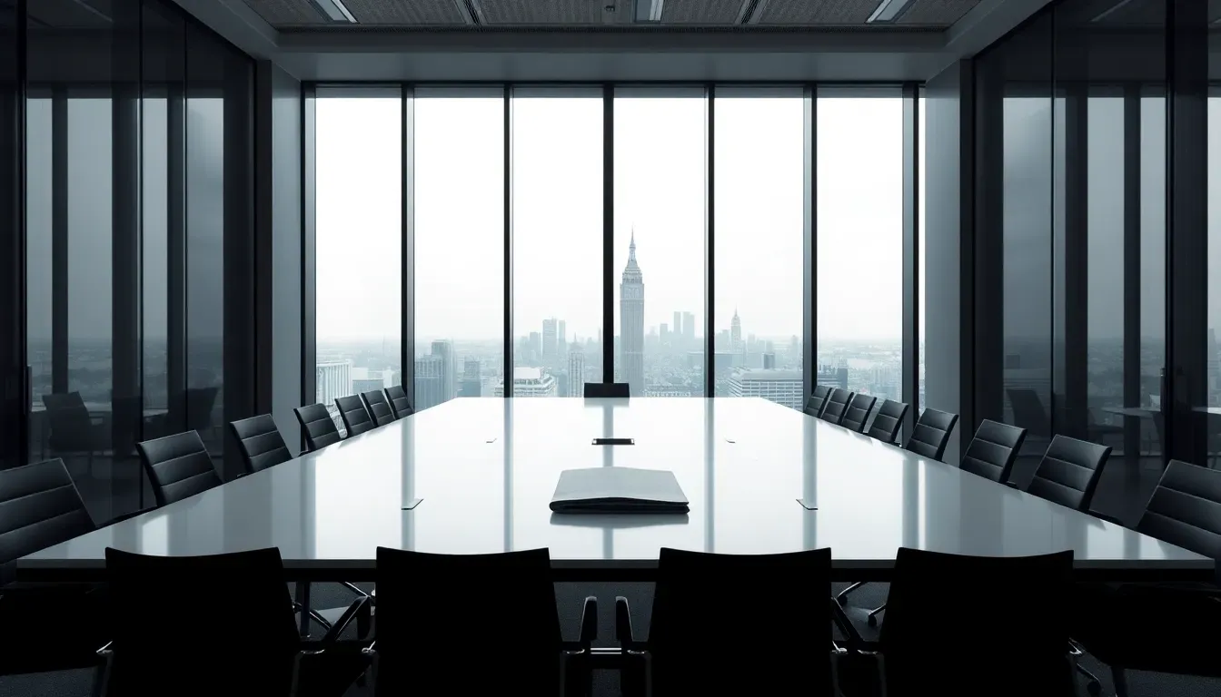 Empty glass-walled boardroom with black chairs along a long glossy table, a single closed folder in the middle and a grey city skyline beyond, where partnership results reach a Schedule K-1 UK resident