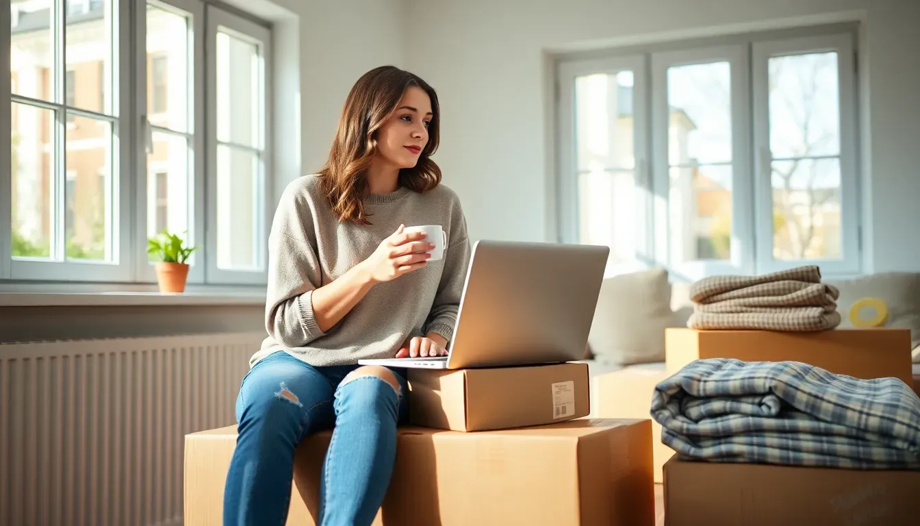 Woman sitting on moving boxes in a bright flat with a mug and laptop beside folded blankets, newly arrived and checking her state tax after moving to UK