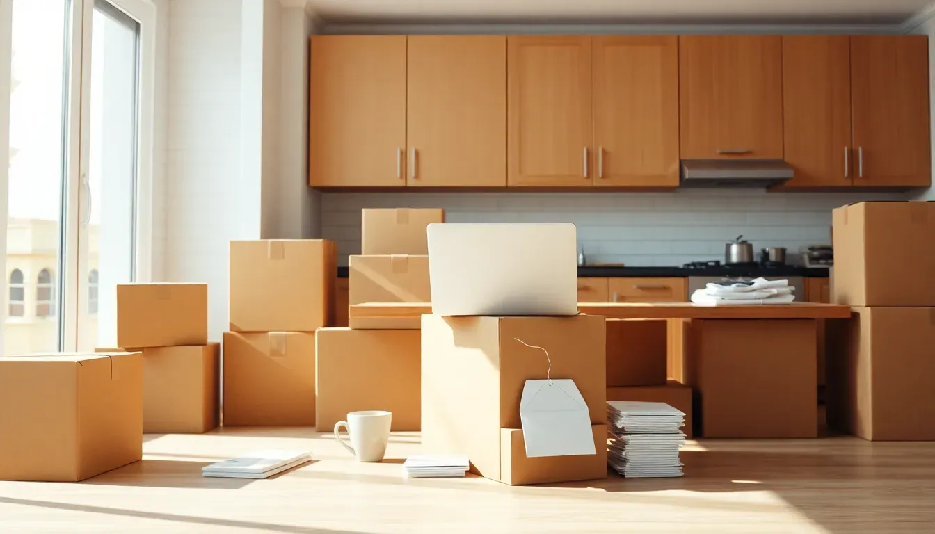 Unmarked moving boxes and a closed laptop on a sunlit kitchen table in an American home, the kind of move back from the UK that leads people to the Streamlined Domestic Offshore Procedures