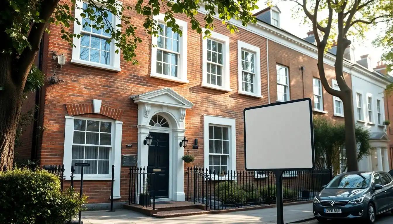 A Victorian terraced house in London with a sale board, the kind of home a US person selling UK property must report